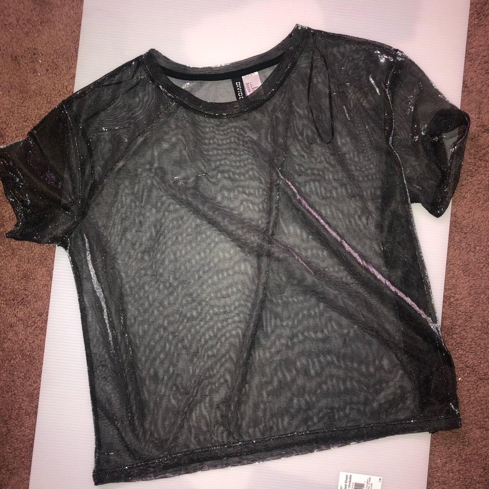 Sheer, black, t shirt, shiny-ish in the light